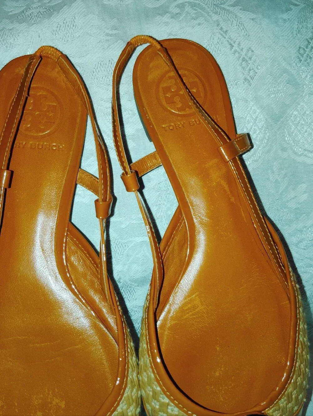 Tory Burch Raffia Patent Leather Logo Flat Slingbacks Orange Sz 8 M - Picture 5 of 8